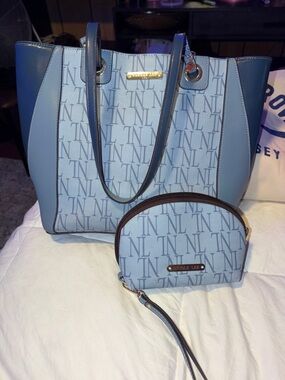 Nicole Lee Blue Two-Tone Monogram Tote with Matching Wristlet
